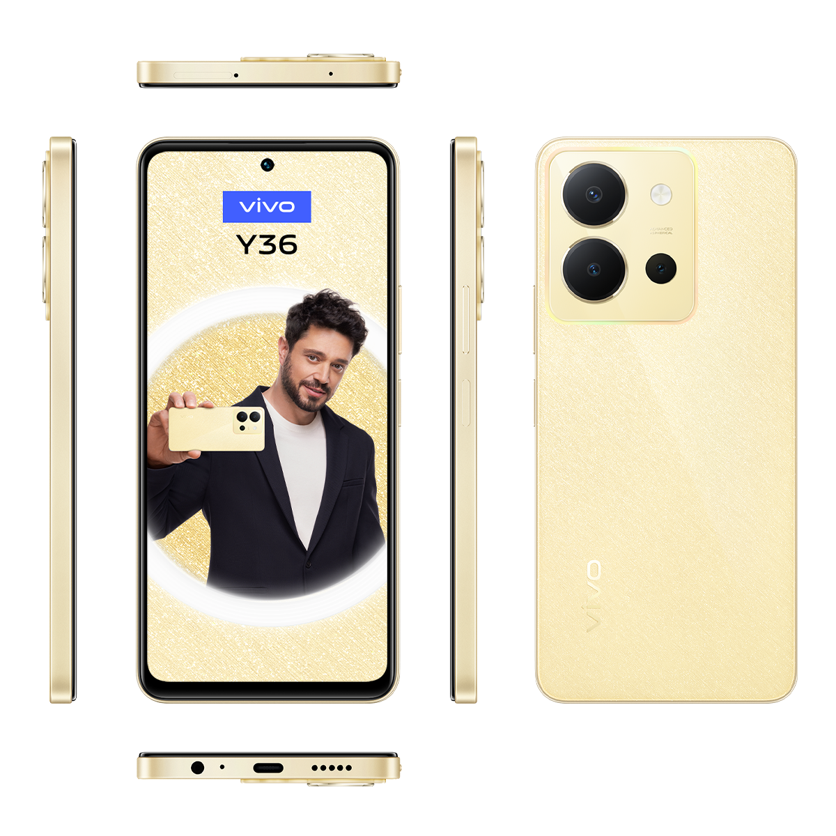 Bir erkeğin resminin olduğu altın renkli bir telefon, çeşitli açılardan gösteriliyor. Siyah arka plan.
