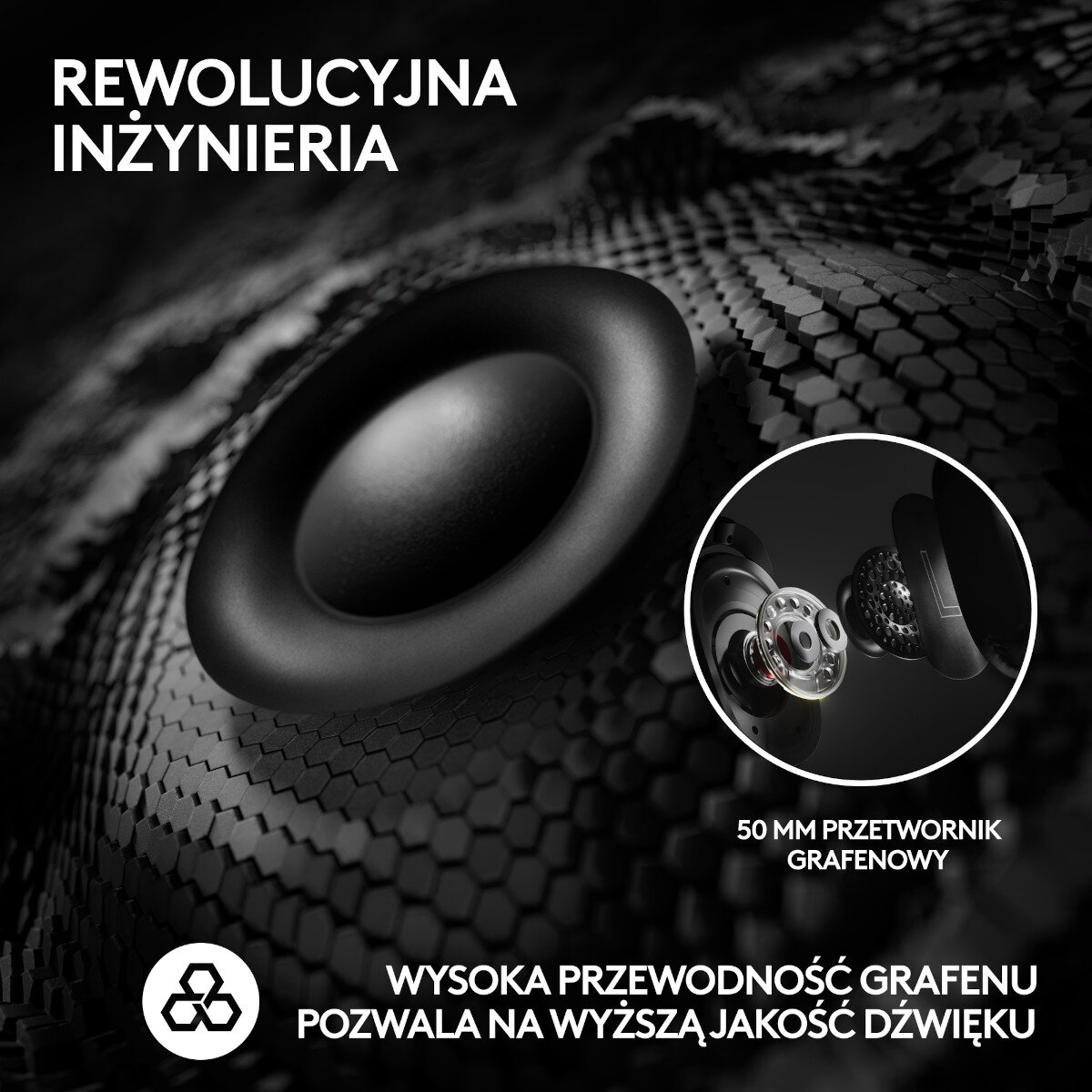 Czarny głośnik słuchawek. Zbliżenie pokazuje okrągły głośnik z tekstem w języku polskim.