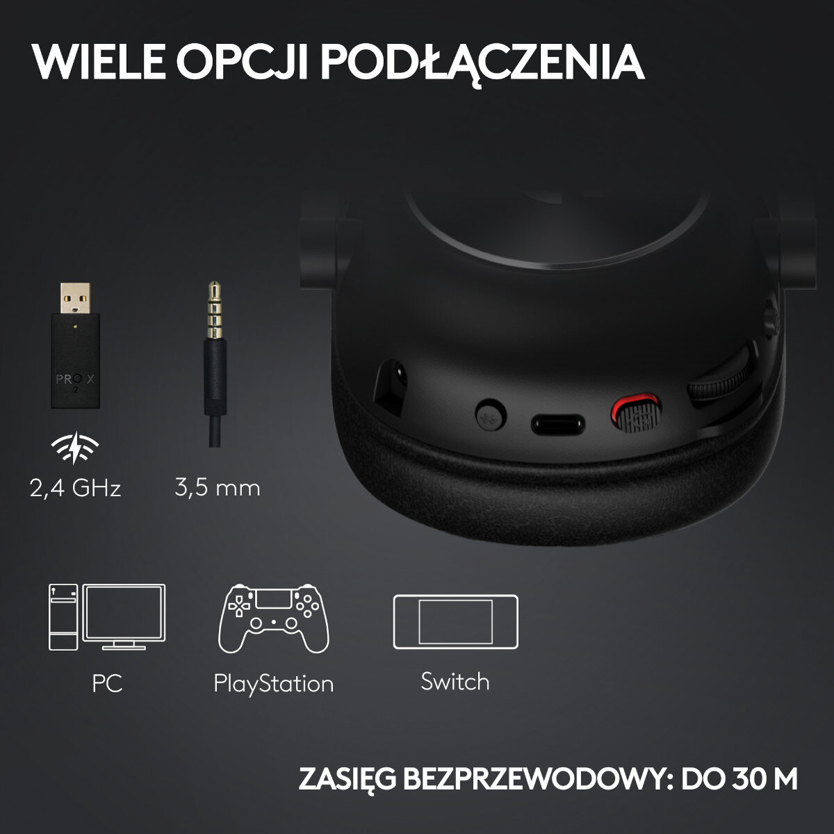 Słuchawki z opcjami połączeń: USB, 3,5 mm i ikonami PC, PlayStation i Switch.