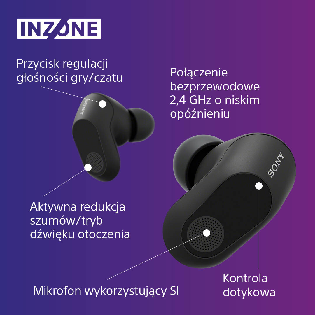 Czarne słuchawki z etykietami tekstowymi. Funkcje obejmują redukcję szumów, sterowanie dotykowe.