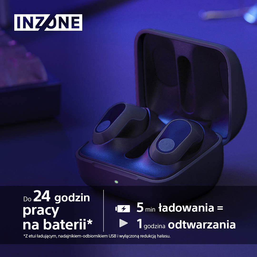 Bezprzewodowe słuchawki douszne w ciemnym etui, z tekstem o żywotności baterii i czasie ładowania.