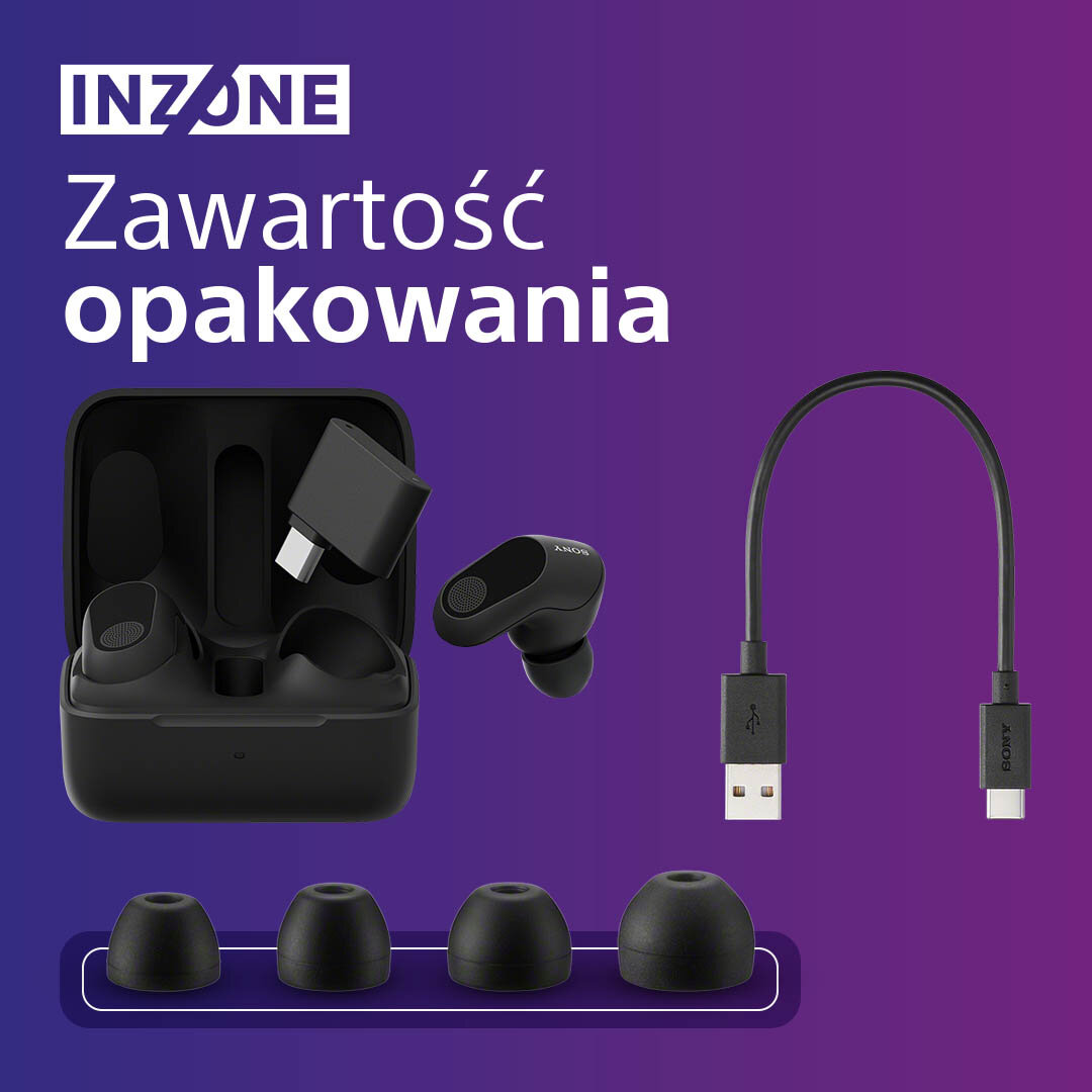 Słuchawki douszne i akcesoria. Czarna obudowa ze słuchawkami, kablem ładującym i dodatkowymi końcówkami.