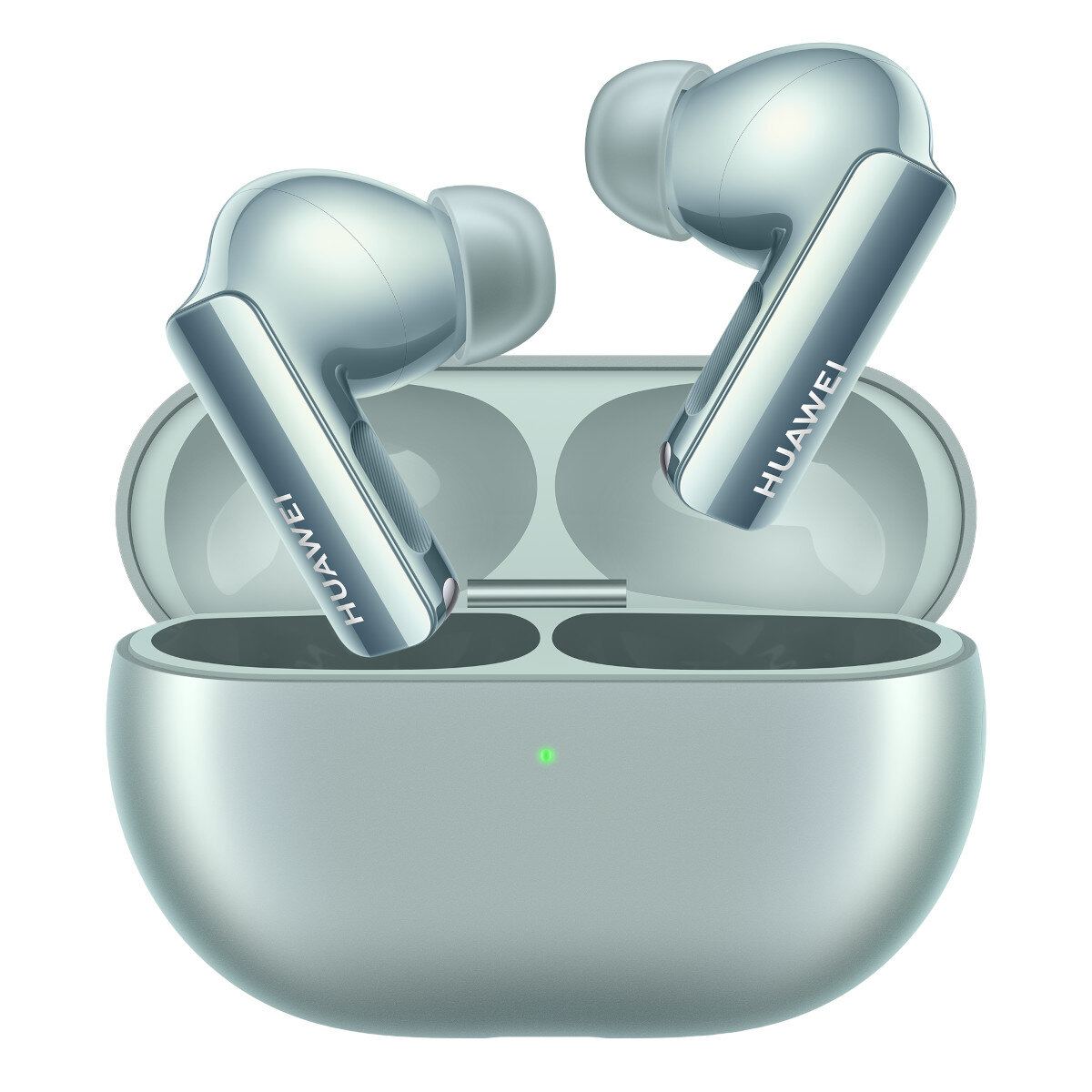 Srebrne słuchawki Huawei w etui ładującym. Mają elegancki design, widoczna nazwa marki 'Huawei'.
