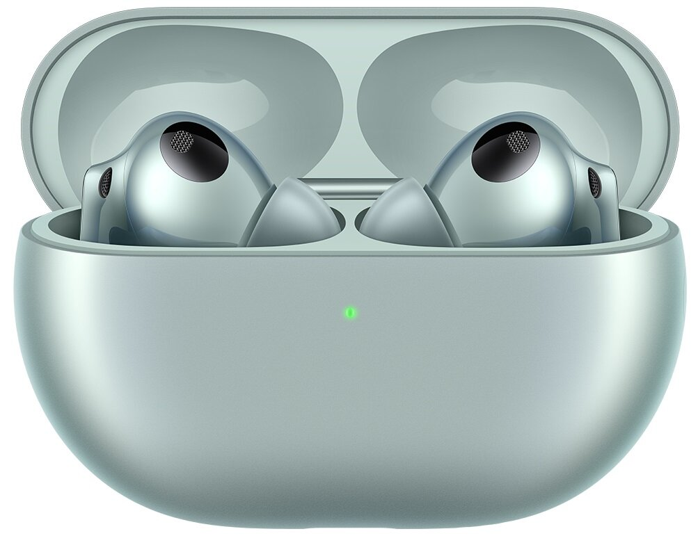 Słuchawki w miętowym etui. Etui otwarte, odsłaniające słuchawki.