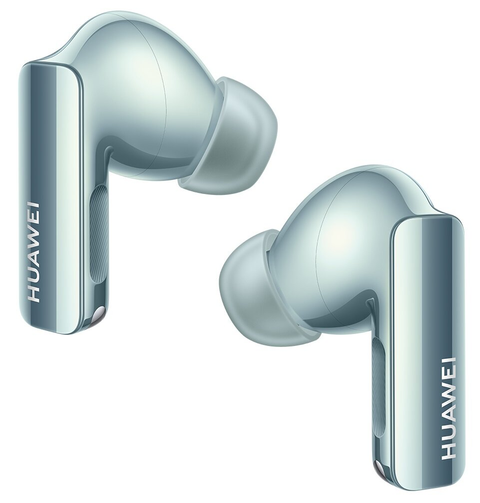 Para niebiesko-szarych słuchawek Huawei, widok z boku, na białym tle.