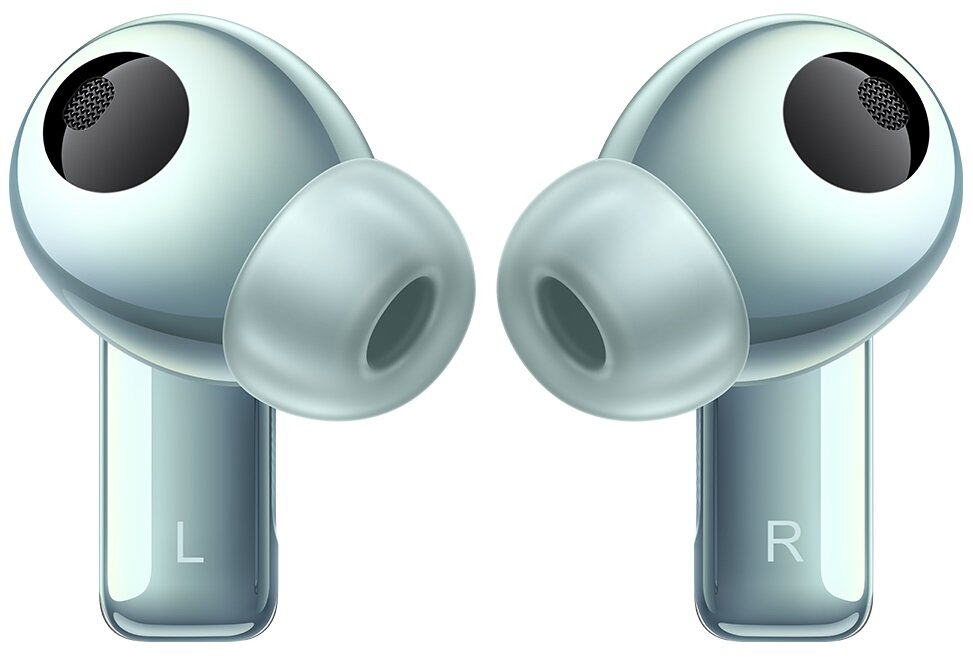 Dwa jasnoniebieskie bezprzewodowe słuchawki, oznaczone 'L' i 'R'.