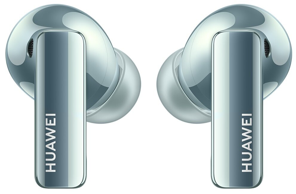 Dwa srebrne słuchawki Huawei, pod kątem, z logo Huawei na boku każdej słuchawki.