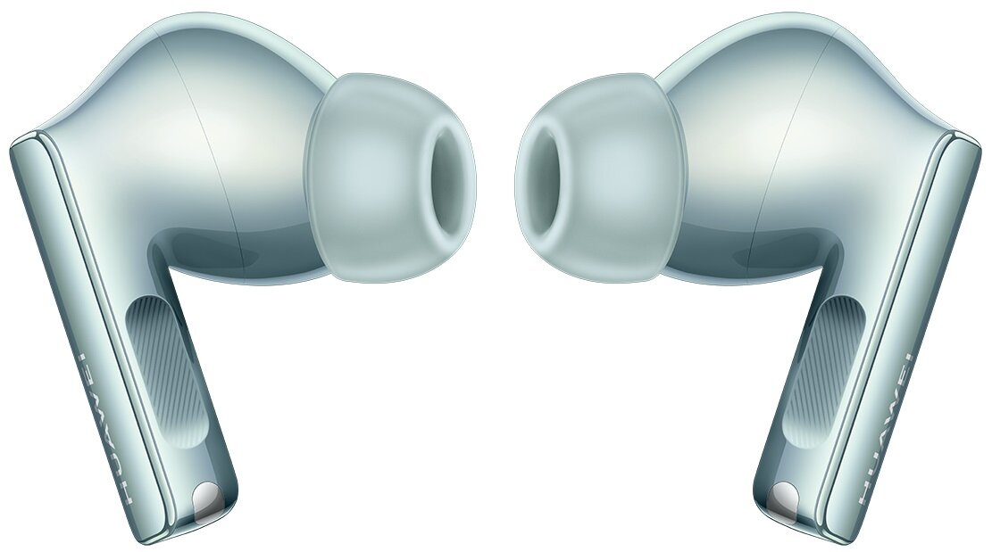 Dwa jasnoniebieskie słuchawki na białym tle.