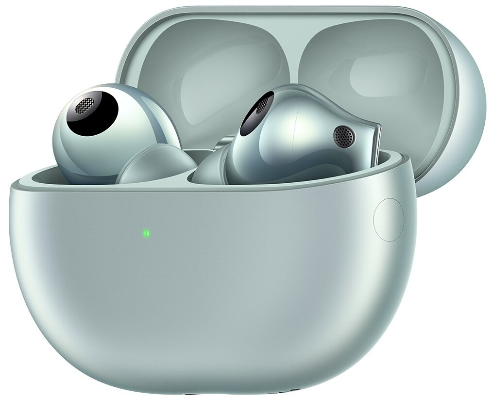 Para jasnozielonych bezprzewodowych słuchawek w etui ładującym.