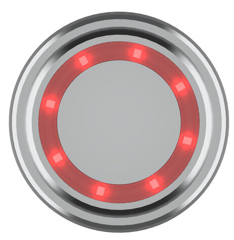 Srebrny przycisk z czerwonym świecącym pierścieniem i mniejszymi czerwonymi światłami.