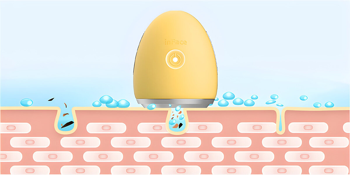 Żółte urządzenie do oczyszczania twarzy z niebieskimi kroplami wody i warstwami skóry.