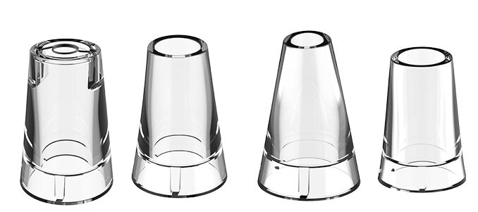 Cztery przezroczyste plastikowe dysze o różnych kształtach i otworach.