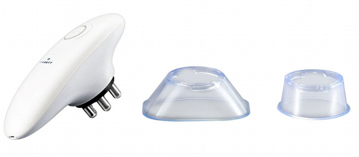 Trzy białe i przezroczyste elementy z tworzywa sztucznego. Po lewej stronie znajduje się golarka. Pozostałe dwa to przezroczyste osłony.