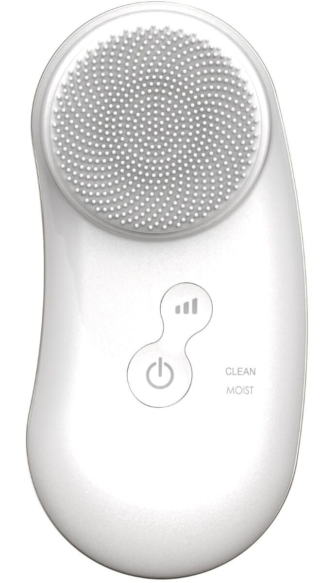 Biała szczotka do oczyszczania twarzy z przyciskiem zasilania i wskaźnikiem czysto/wilgotno.