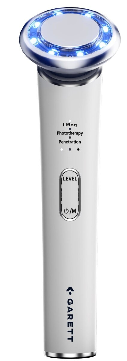 Białe urządzenie do pielęgnacji twarzy z niebieskimi światłami i przyciskami, z etykietami akcji.