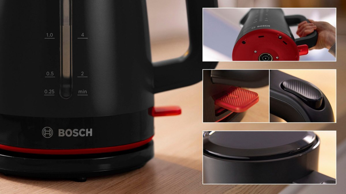 Czajnik w kolorze czarnym z czerwonymi akcentami i szczegółowym widokiem części.