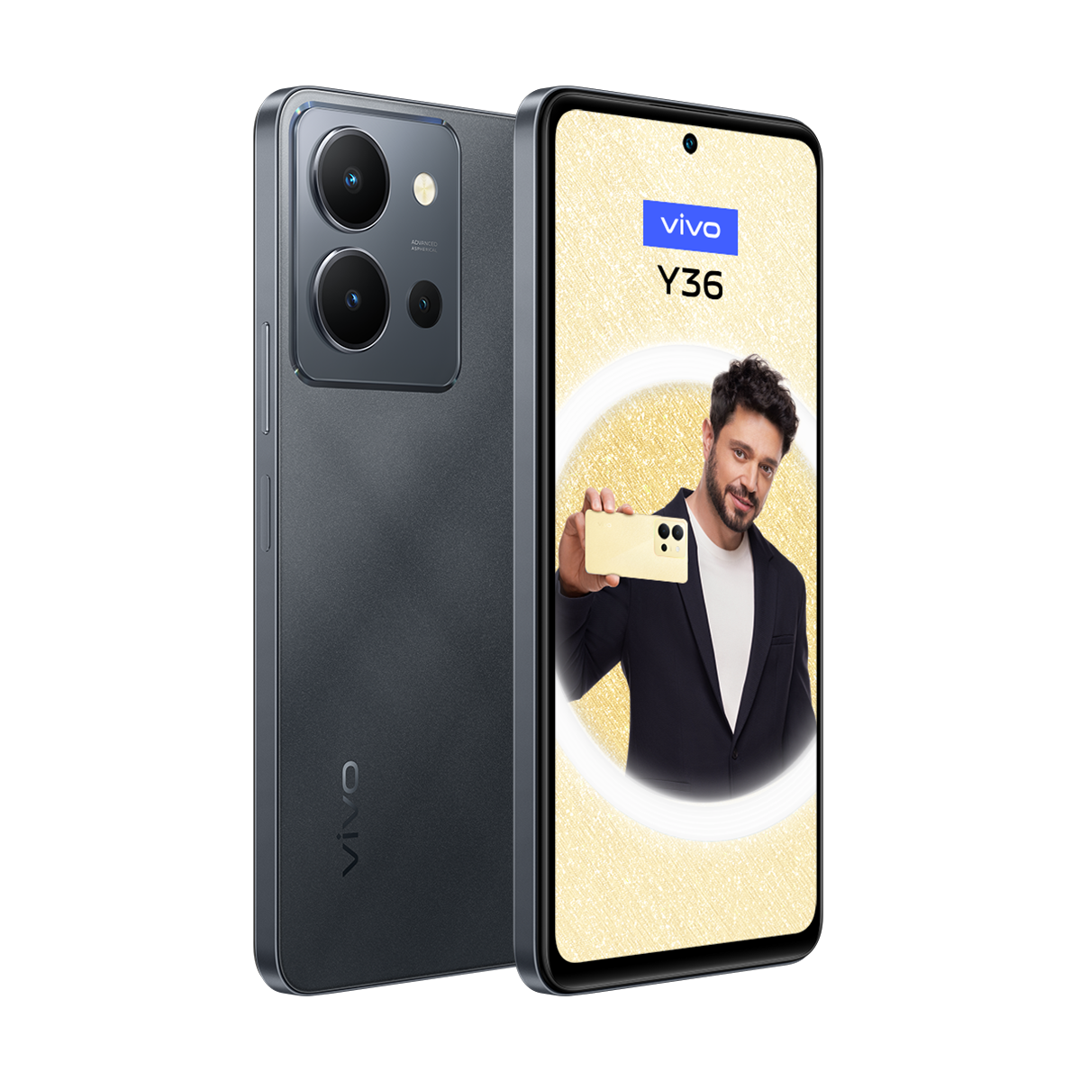Vivo Y36 telefon, iki kamerayla ve ekranda telefon tutan bir adamla. Siyah zemin.