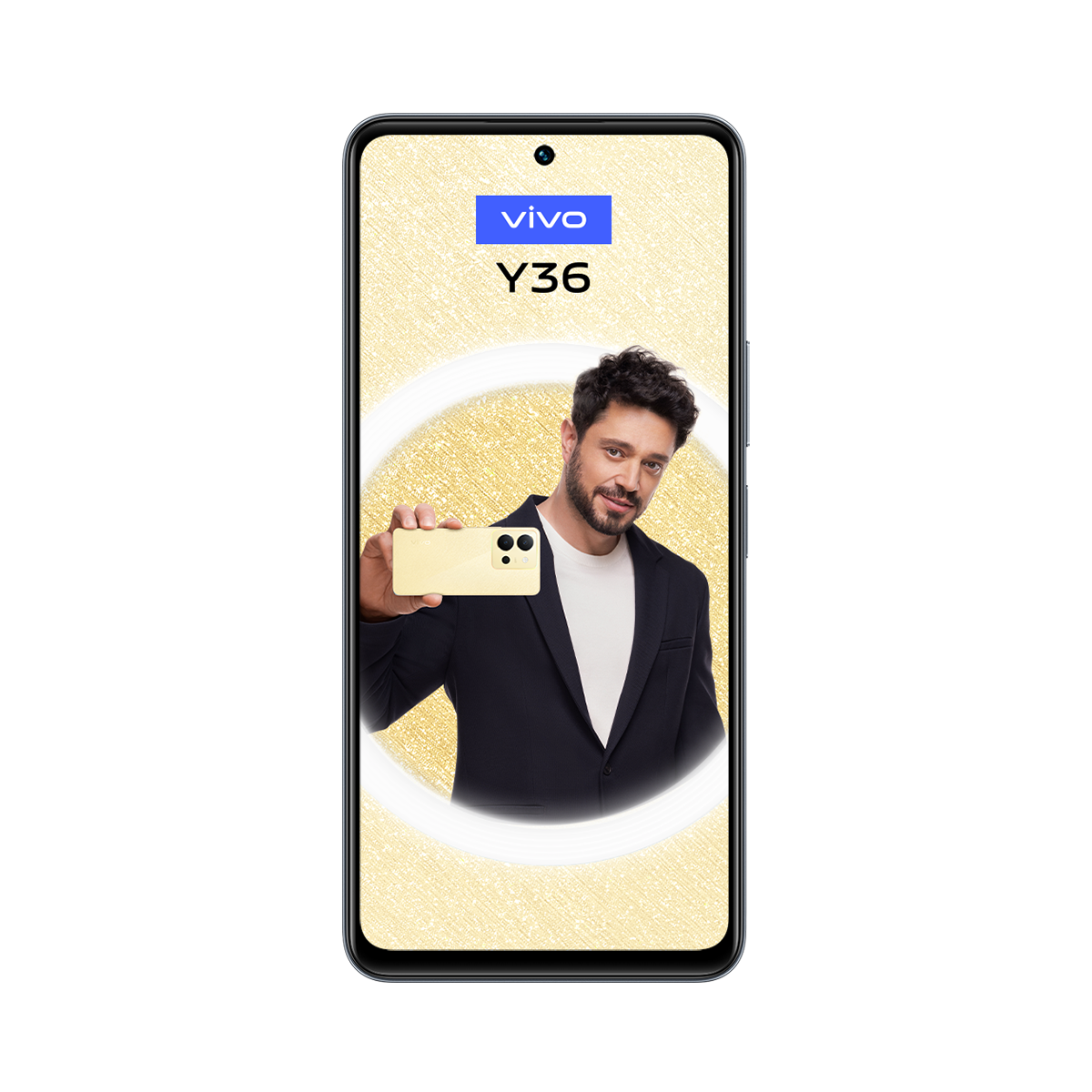 Bir adam, bir halka ışığın içinde, bir telefon ekranında sarı bir vivo Y36 telefon tutuyor.