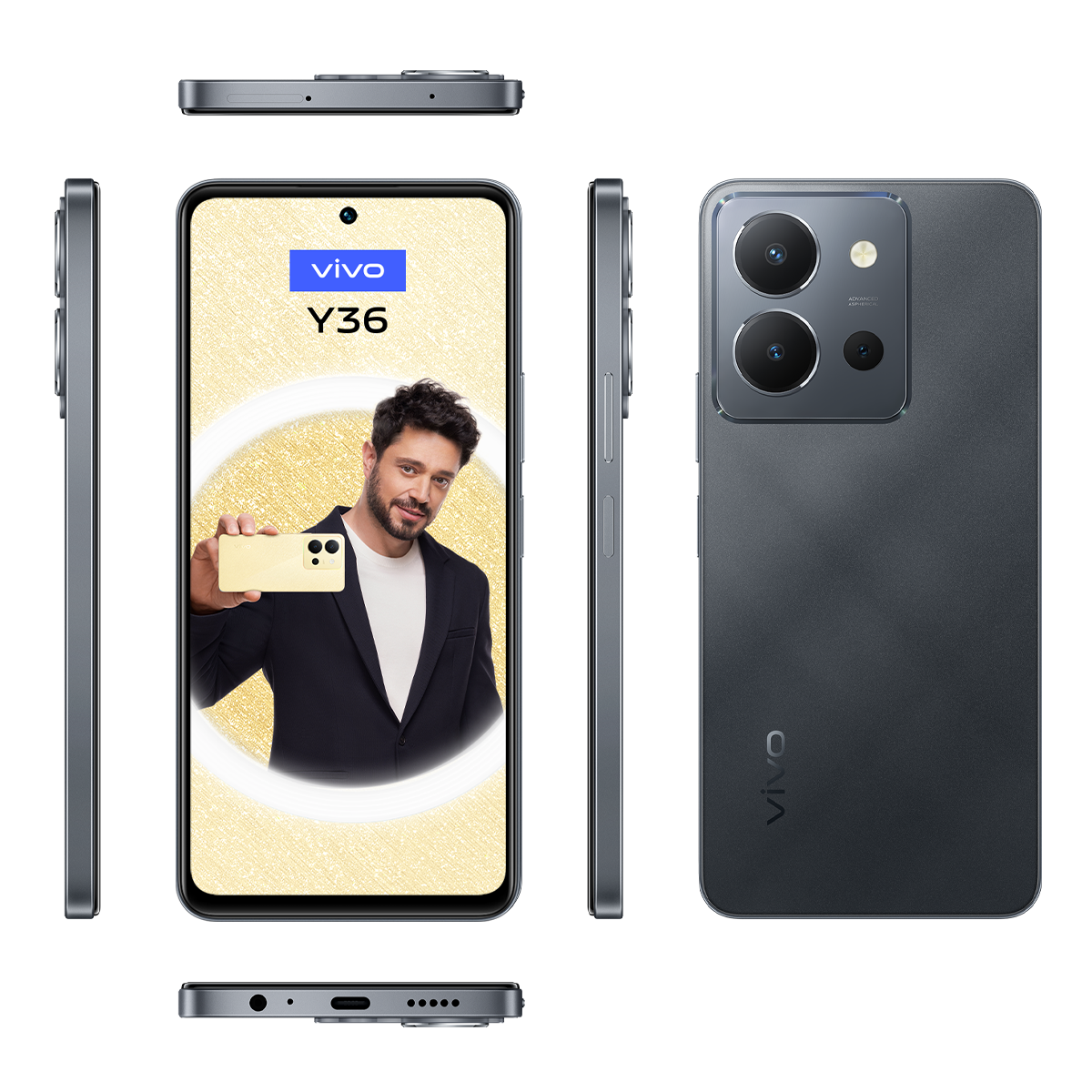 Telefon tasarımını gösteren farklı görünümlere sahip bir akıllı telefon ve sarı bir arka planın önünde tutan bir adam.