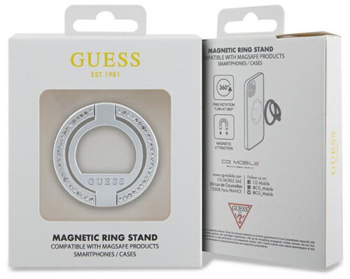 Pudełko na magnetyczny stojak na pierścionek Guess, biało-srebrne, ze stojakiem na pierścionek w środku i szczegółami z tyłu.
