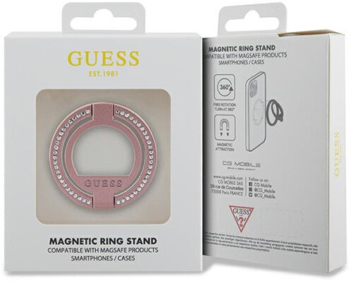 Różowy magnetyczny stojak na pierścionki w białym pudełku Guess.