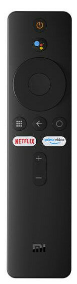 Czarny pilot. Przyciski zasilania, Asystenta Google, Netflix, Prime Video. Logo Xiaomi.