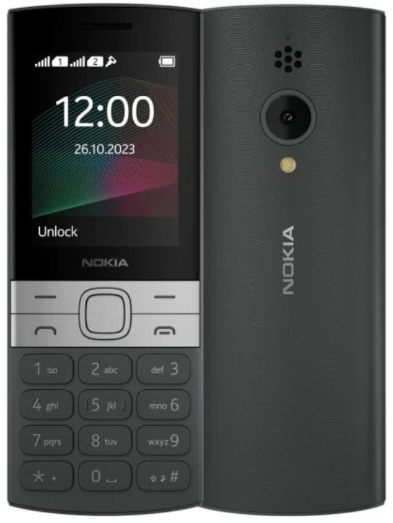Telefon Nokia z czarnym tyłem i srebrnym przodem, wyświetlający godzinę i datę.