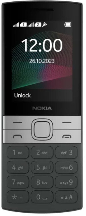 Czarny telefon Nokia z ekranem pokazującym godzinę i datę. Przyciski pod ekranem.
