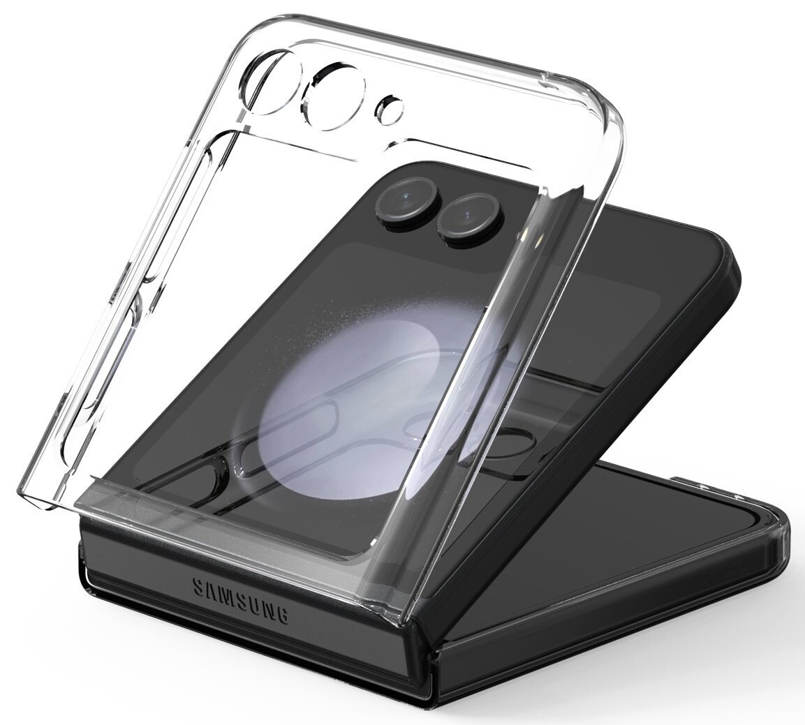 Czarny telefon Samsung z przezroczystym etui. Etui jest otwarte, pokazując tył telefonu i kamery.