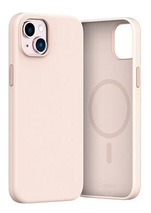 Jasnoróżowe etui na telefon, z wycięciem na aparat i okręgiem MagSafe wewnątrz.