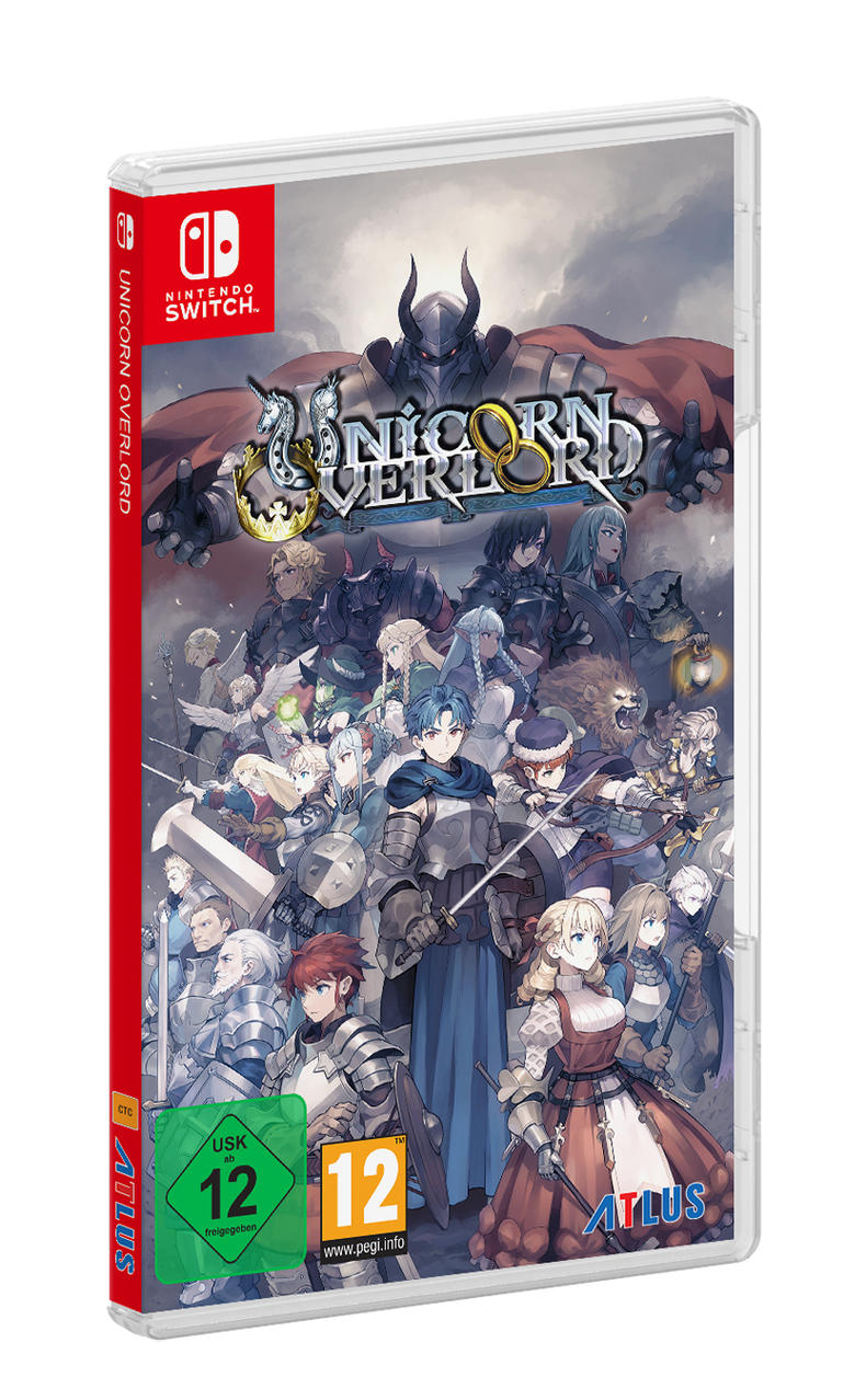 Eine Nintendo Switch-Spielbox für 'Unicorn Overlord' mit Charakterillustrationen auf dem Cover.
