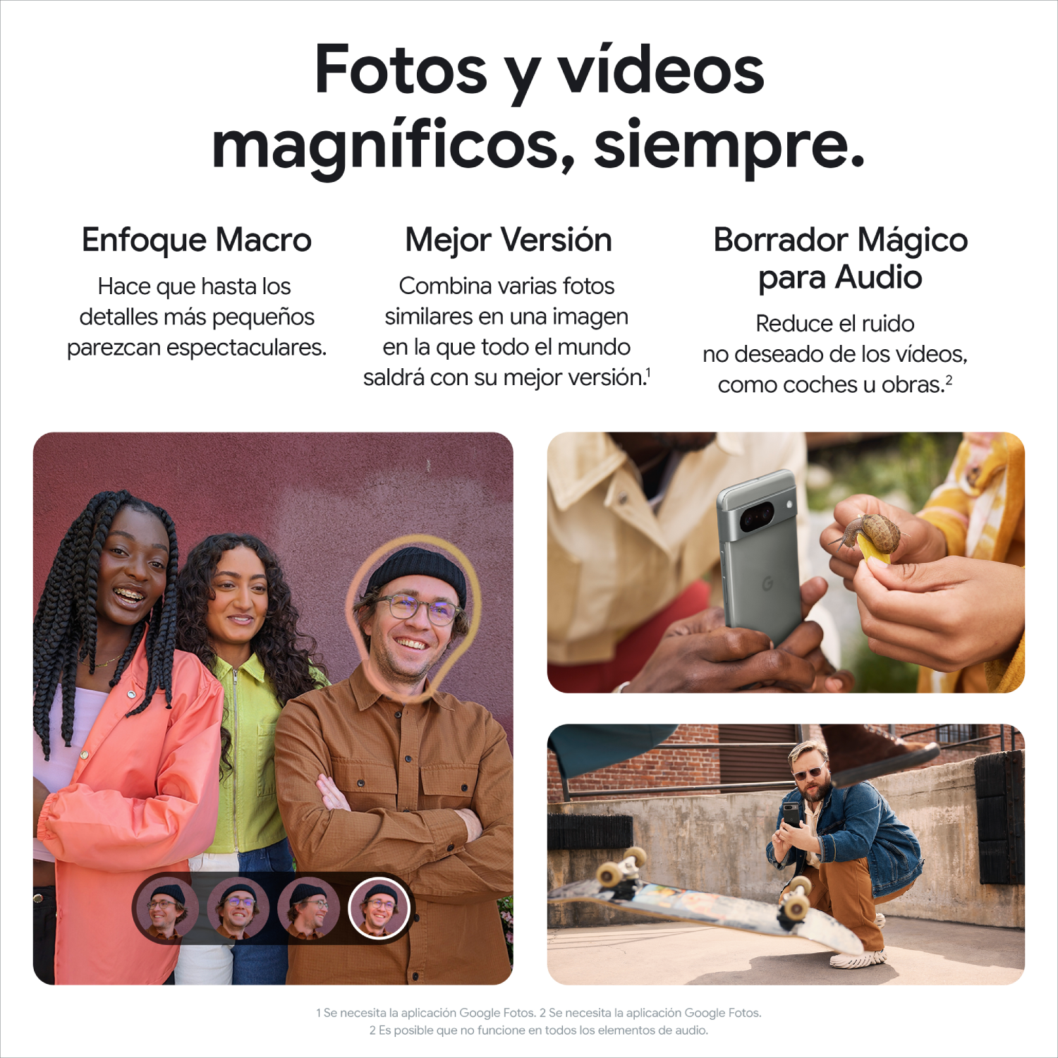 Grupo de personas con texto sobre fotos y videos, con ejemplos de funciones, fondo blanco.