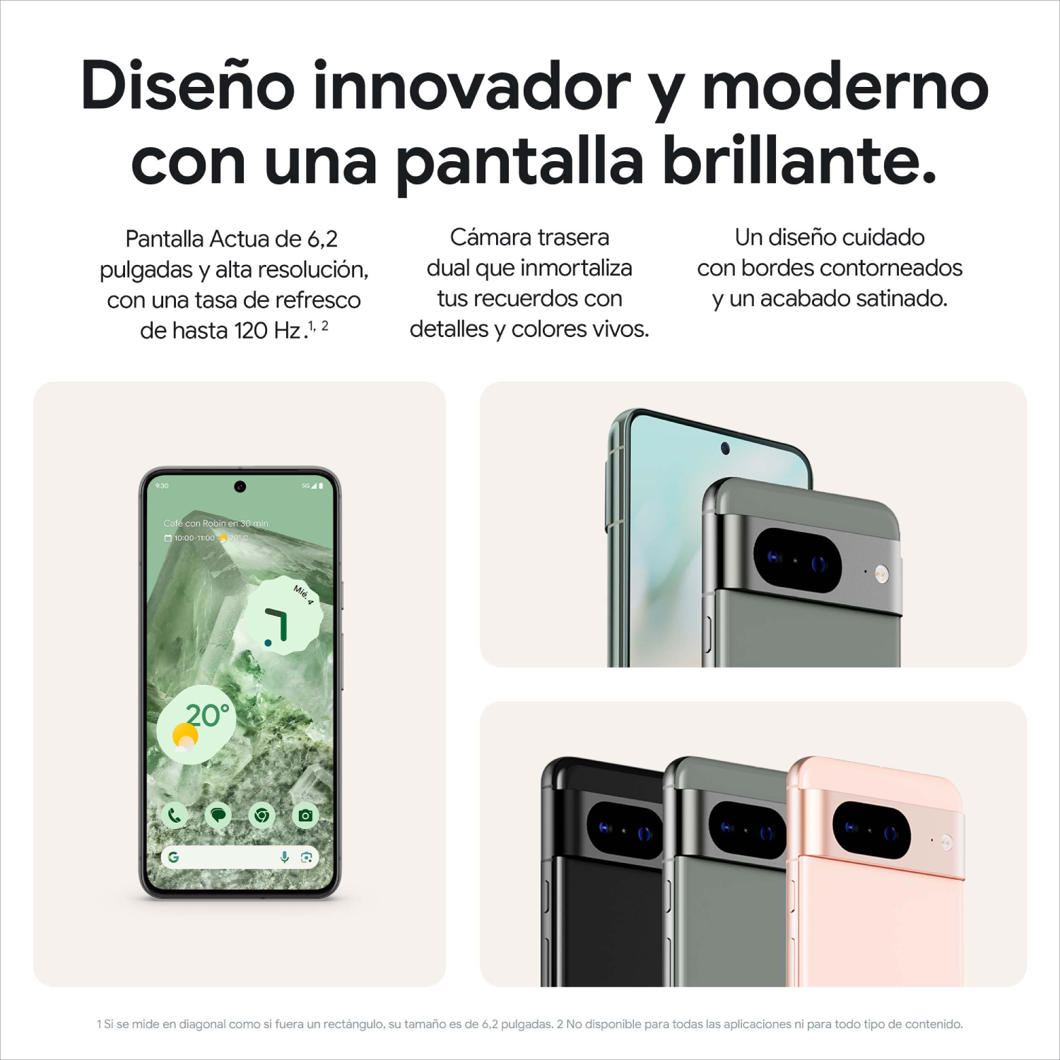 Un smartphone moderno con pantalla brillante y alta resolución. Se muestran tres teléfonos.