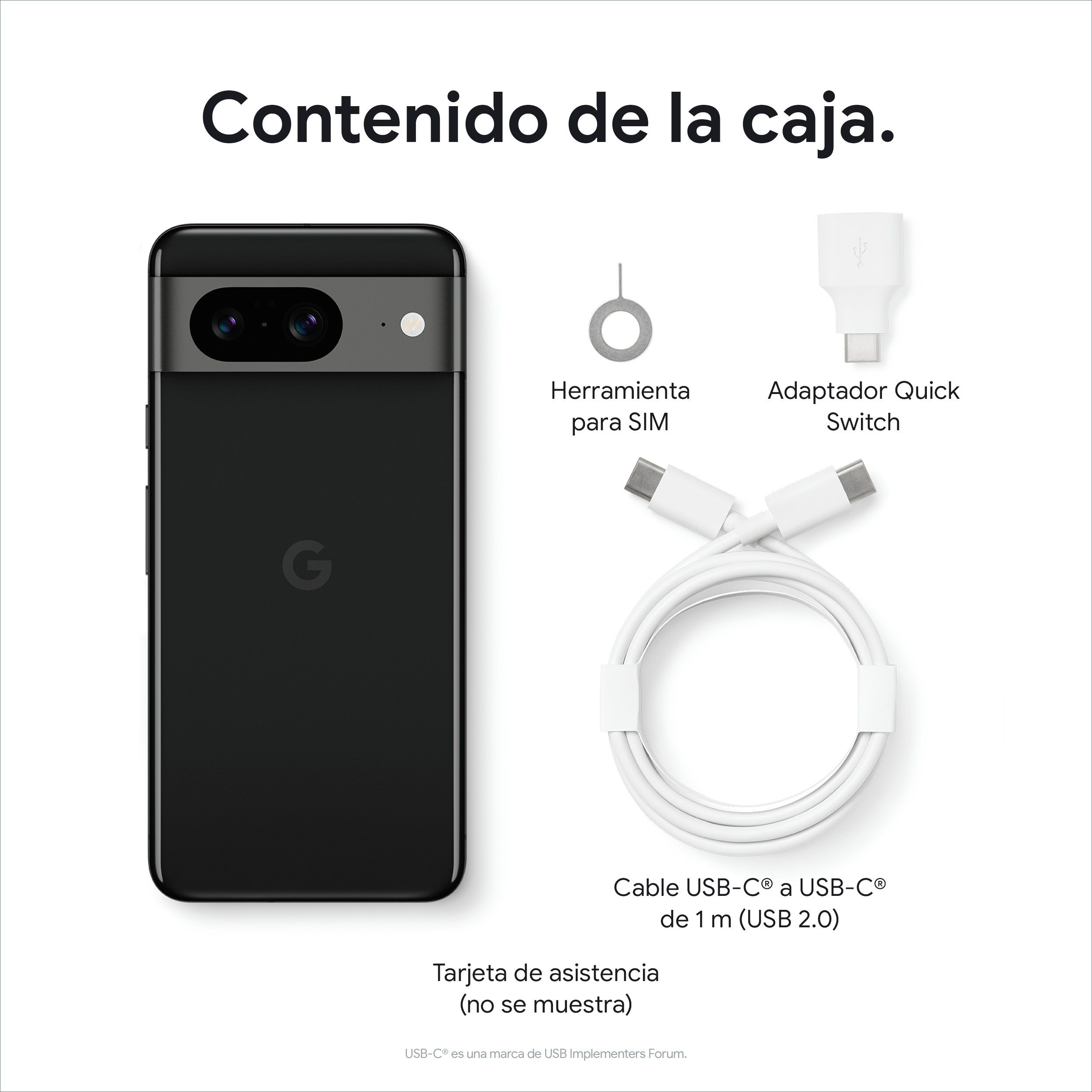 Teléfono negro, herramienta SIM, cargador blanco y cable blanco sobre fondo blanco.