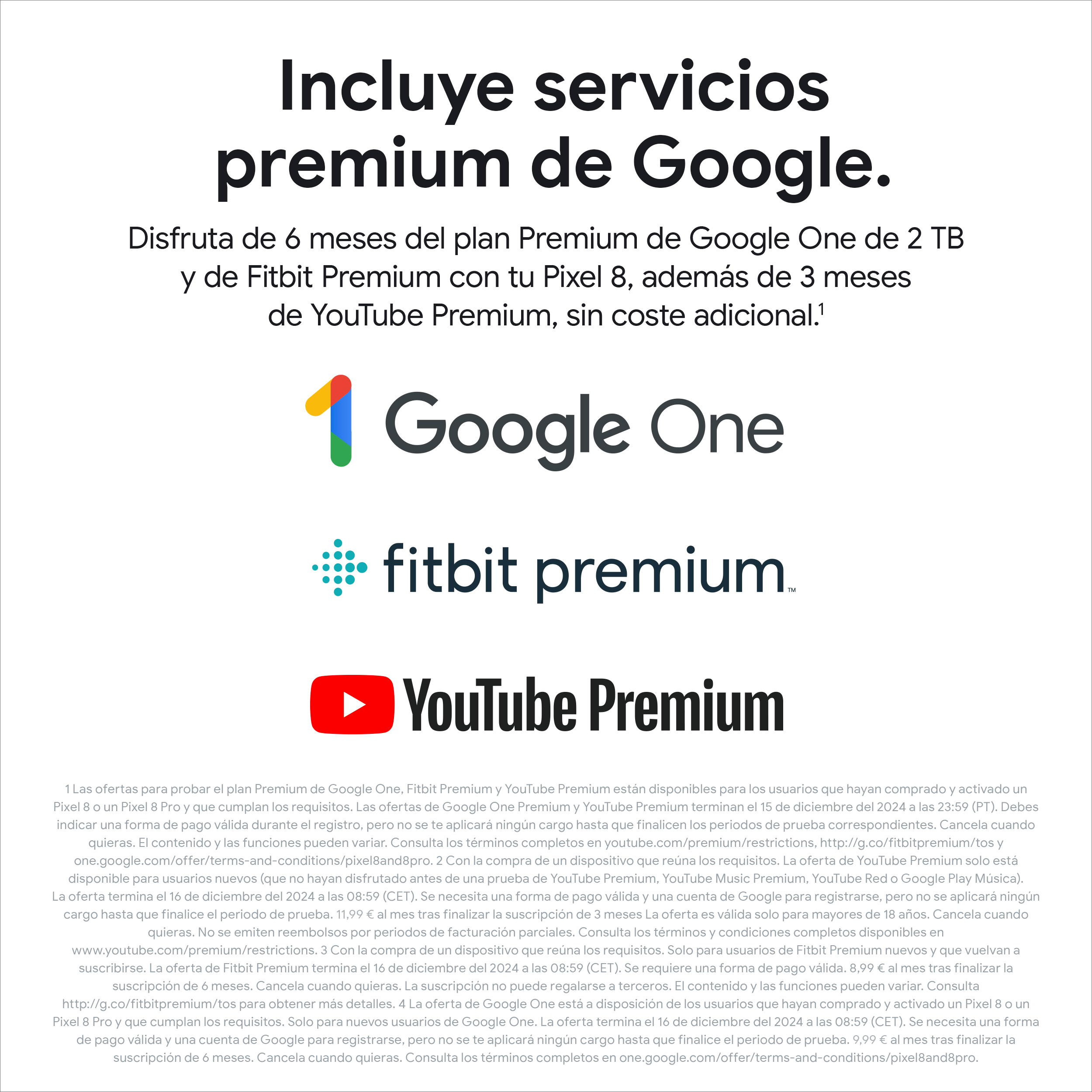 Anuncio con teléfonos Google Pixel, mostrando Google One, Fitbit y YouTube Premium.