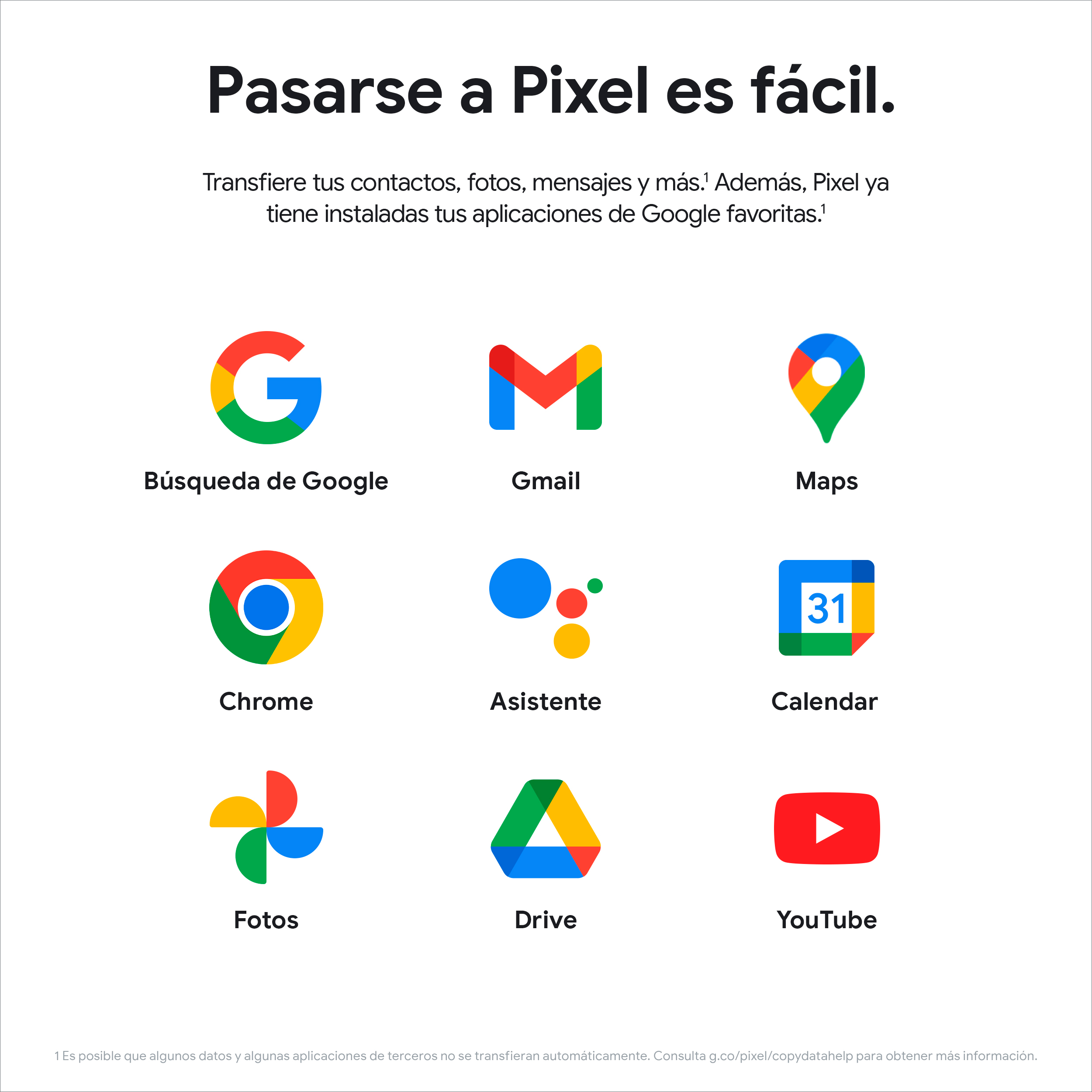 Anuncio con Google Pixel mostrando iconos de aplicaciones de Google: Google, Gmail, Maps, Chrome, etc.