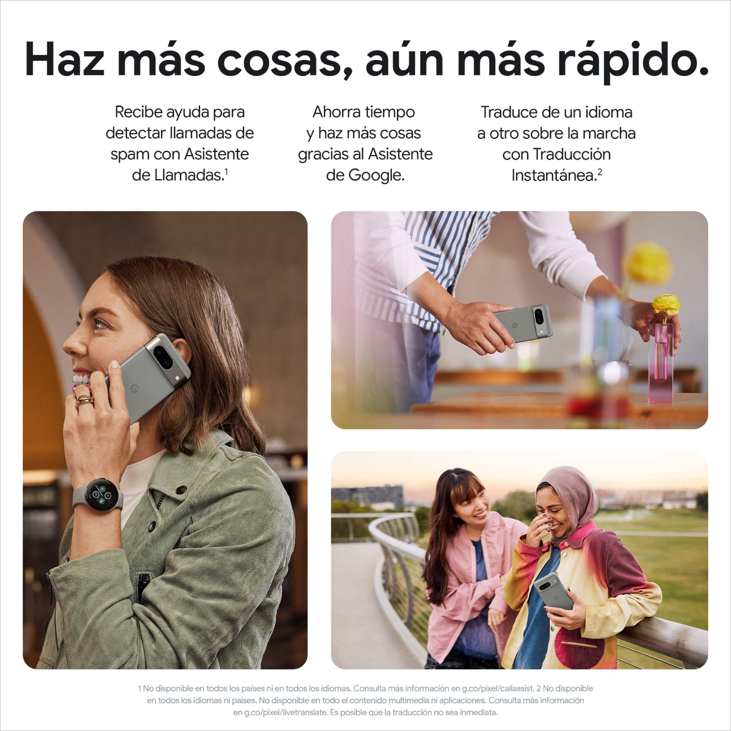 Anuncio que muestra a una mujer en una llamada con un teléfono y un reloj inteligente y a otras personas. Texto en español.
