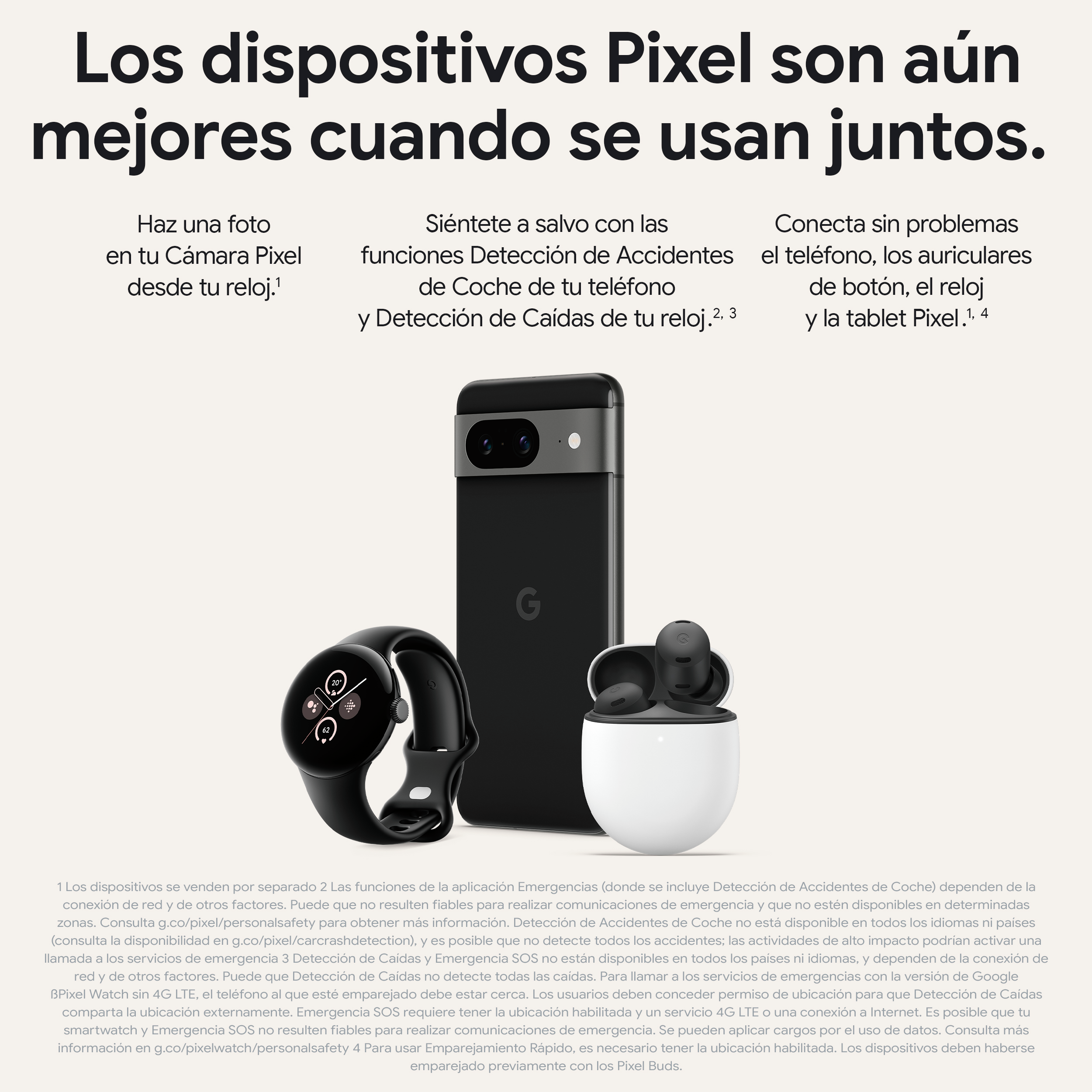Una imagen promocional sobre dispositivos Pixel. Muestra un teléfono, reloj y auriculares con texto.