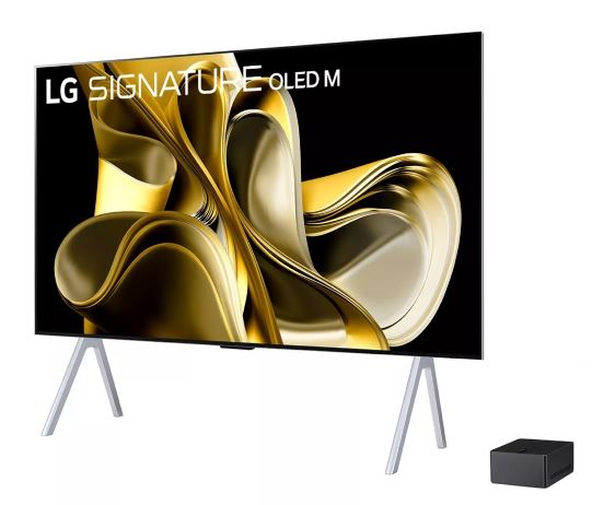 Beyaz ayaklı büyük siyah bir OLED LG TV ve küçük siyah bir kutu.
