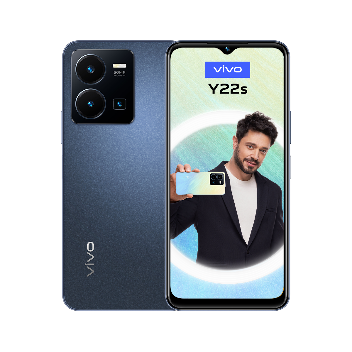 Ekranında benzer bir telefon tutan bir adamla mavi bir telefon. Arka plan beyazdır.