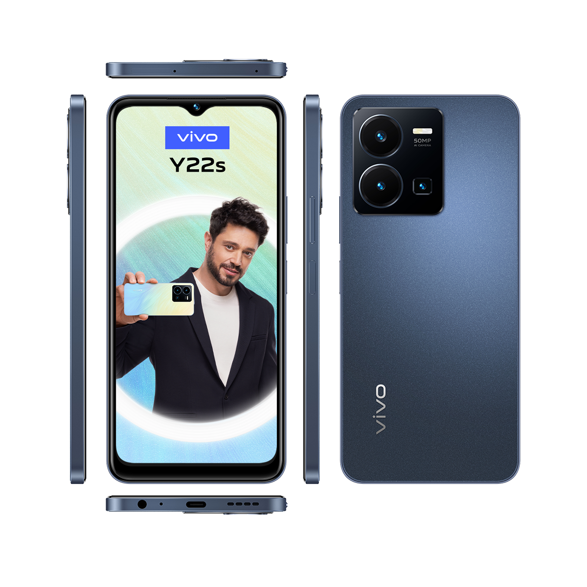 Adamın benzer bir telefon tuttuğu mavi telefon, beyaz arka plan.