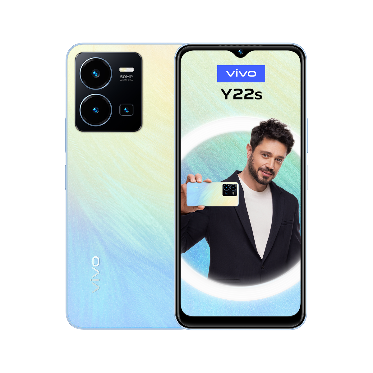 Beyaz ve mavi bir Vivo Y22s telefon. Adam, görüntüyü gösteren telefonu tutuyor. Telefon solda.
