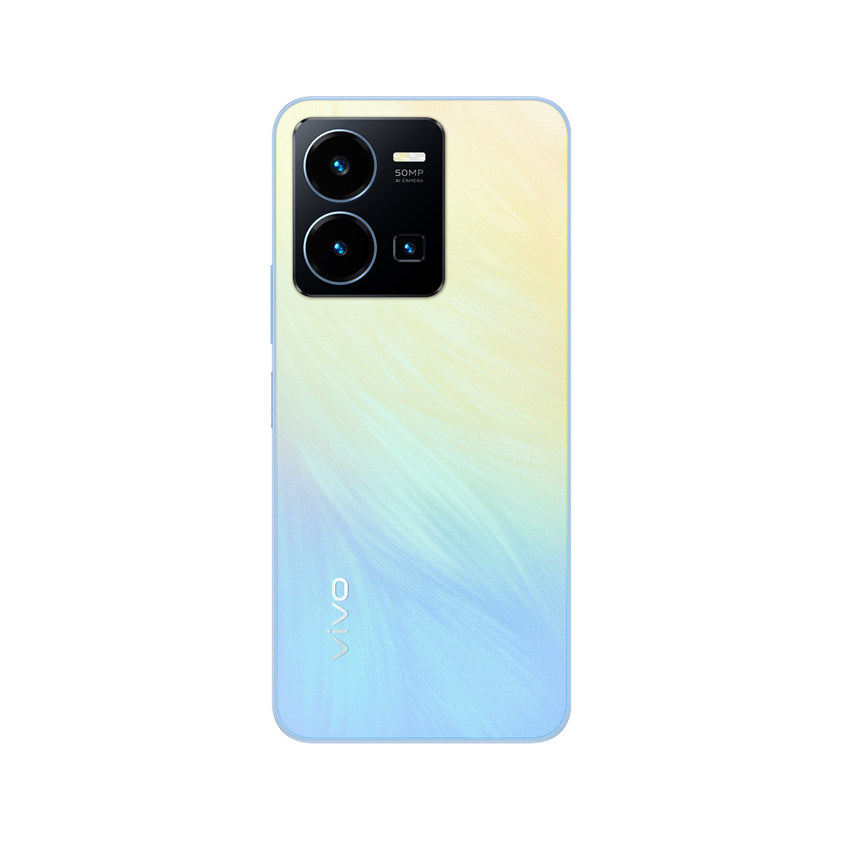 Altın bir telefonun arkası, üç kamerası ve Vivo logosu. Renk geçişleri.