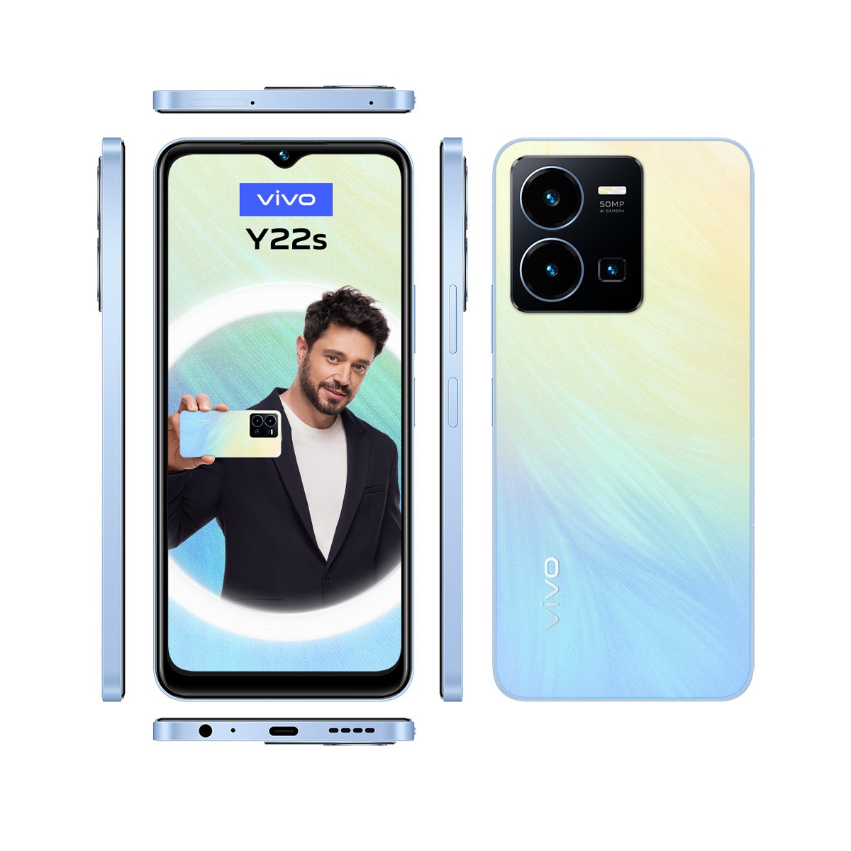 Erkeğin ekranı tuttuğu mavi akıllı telefon, çoklu açılar.