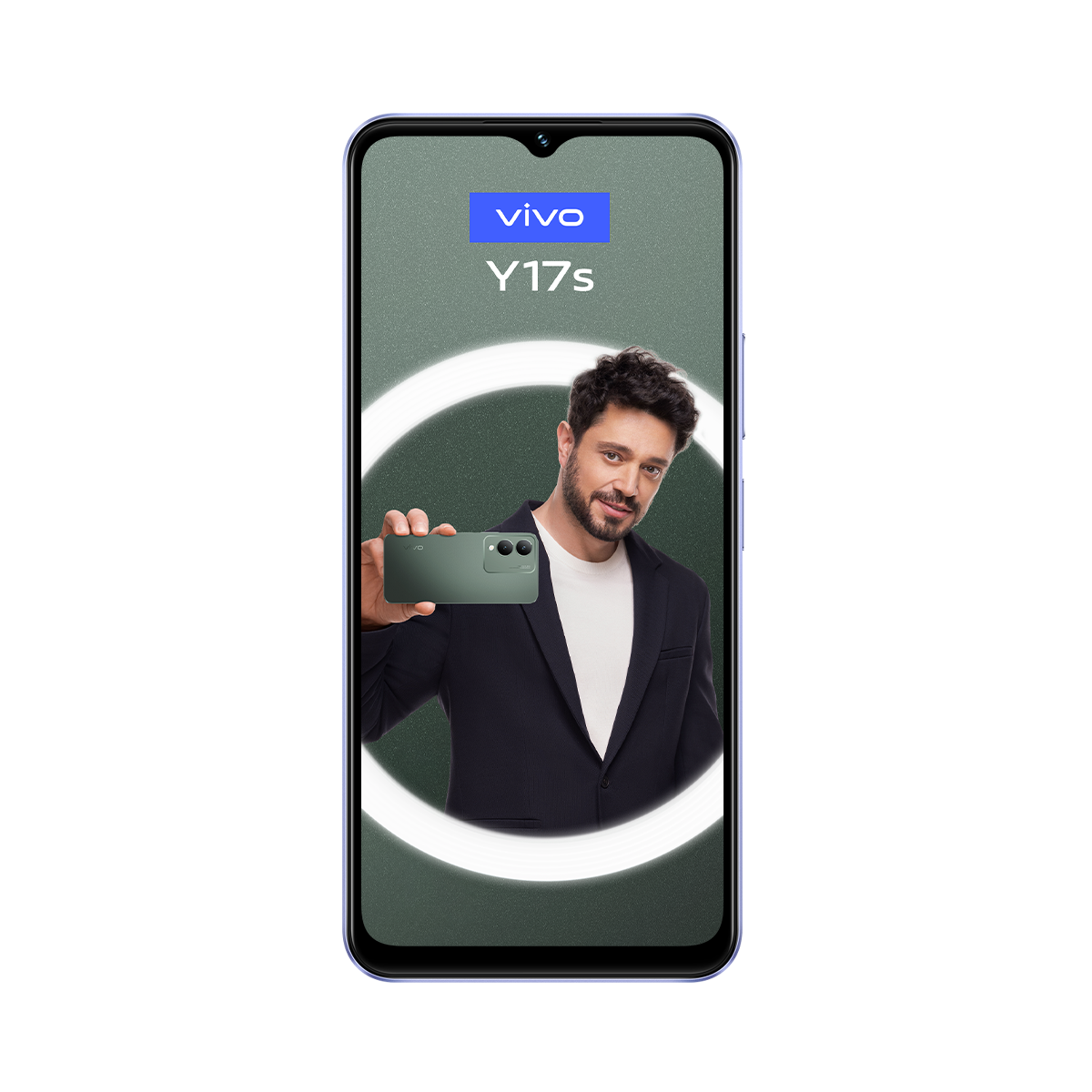 Bir erkeğin telefon tuttuğu bir Vivo Y17s telefon ekranı. Siyah takım elbiseli adamı bir halka ışık çevreler.