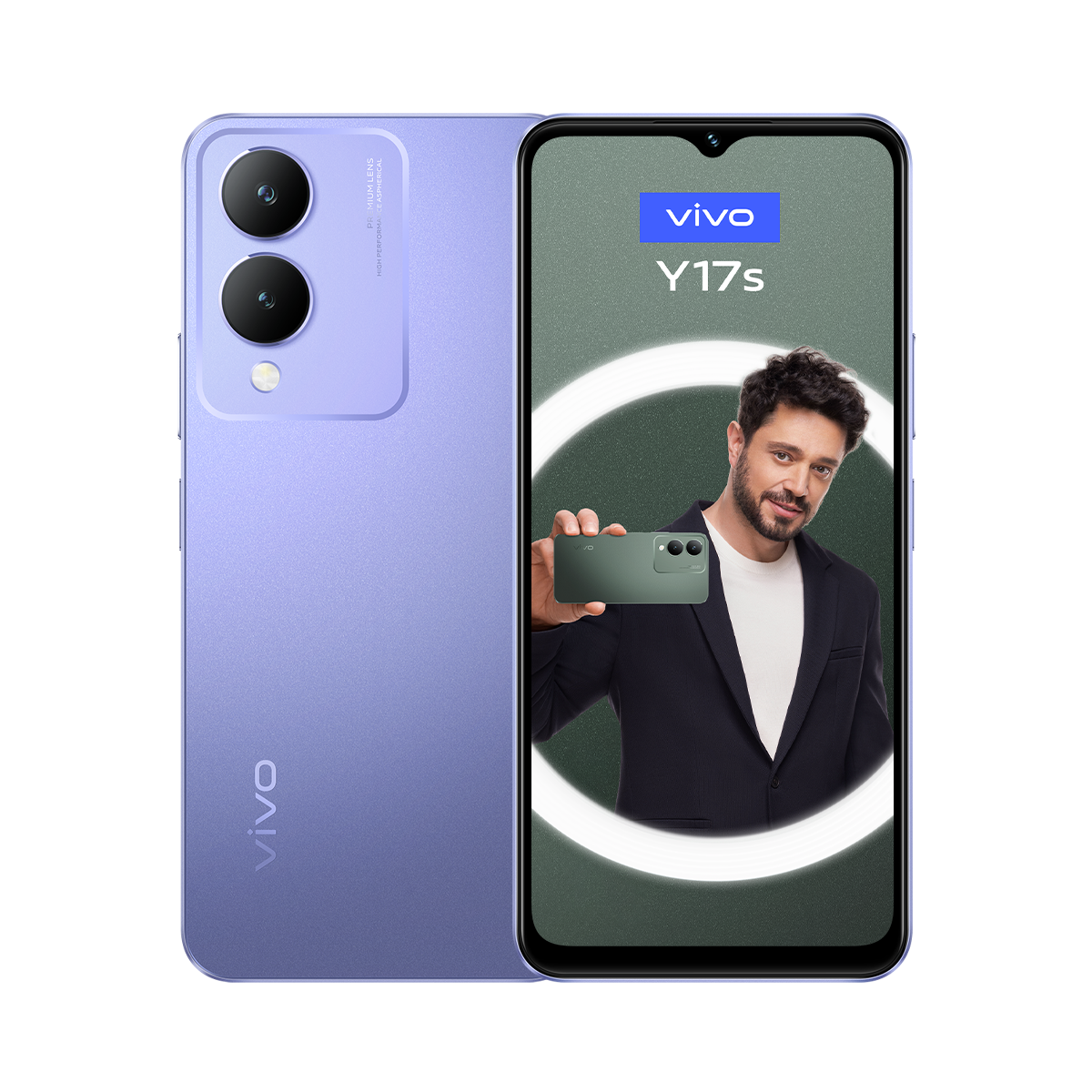 Yeşil bir telefon tutan bir adamla mor telefon. Siyah arka plan, telefon ekranı bir adamı gösteriyor.