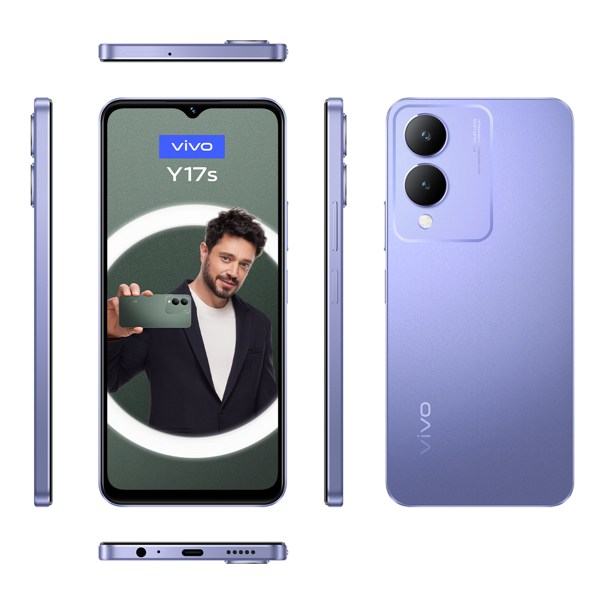 Benzer bir telefon tutan bir adamla mor bir telefon, Vivo Y17s basılı, çoklu açılar.