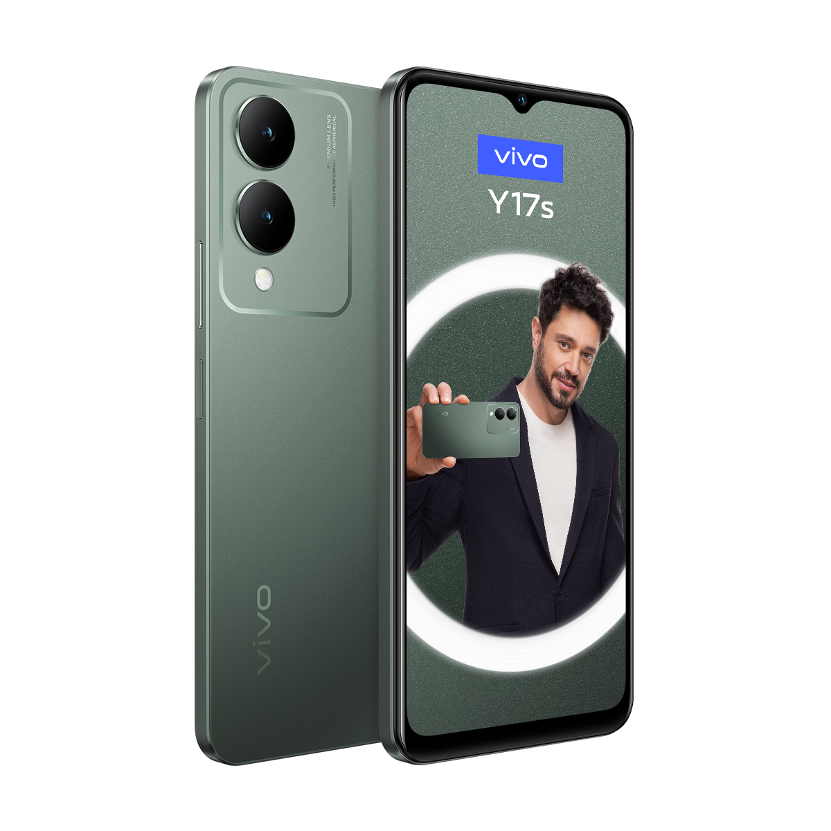 Ekranında benzer bir telefon tutan bir adamın bulunduğu yeşil bir Vivo Y17s telefonu.