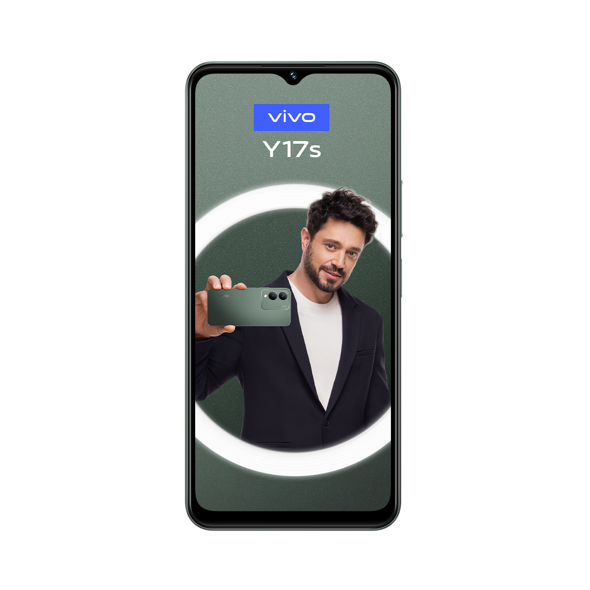 Etrafında halka ışık bulunan yeşil bir telefon tutan bir adam.