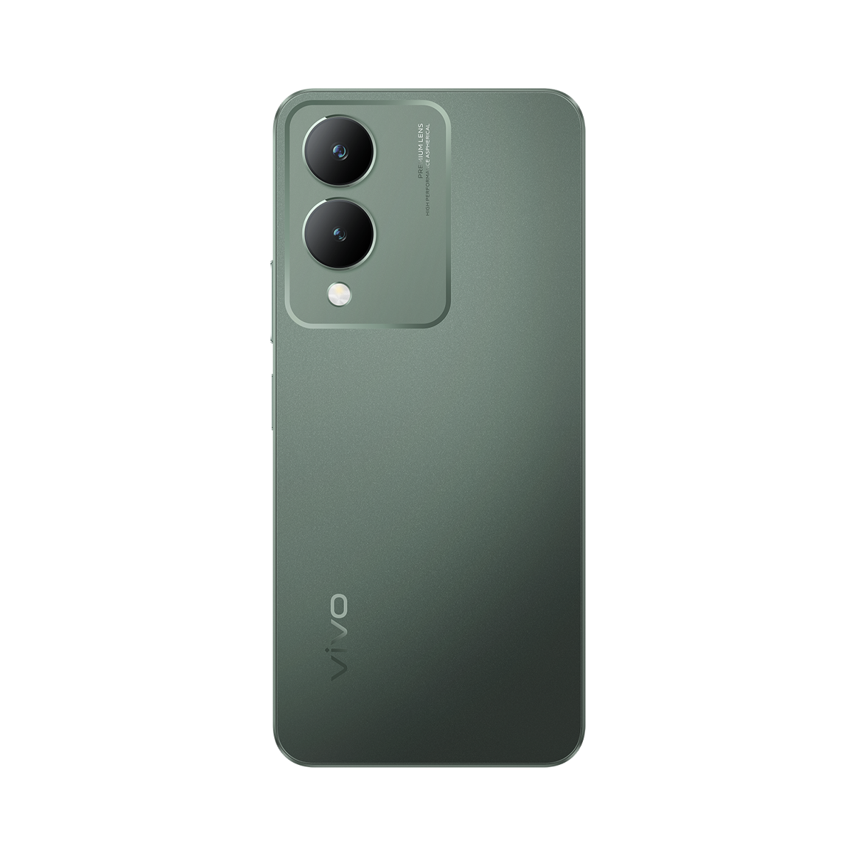 Yeşil bir Vivo akıllı telefonun arkası, çift kamera lensi ve Vivo markasıyla.